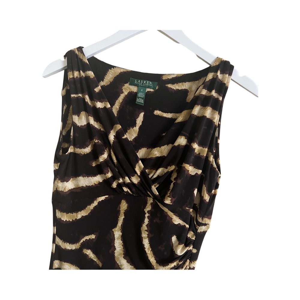 Lauren Ralph Lauren Chic Zebra Print Black and Gold V-neck Ruched Midi Dress - Picture 4 of 8